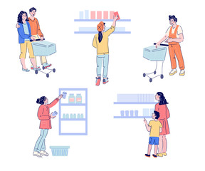Set of people characters in supermarket buying foods and goods. Customers or buyers shopping in grocery store. Flat carton vector illustration.