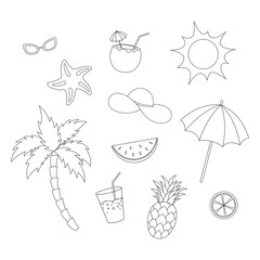 Set of different summer objects isolated on white background. Summer collection. Linear sketch for coloring booking page. Vector illustration