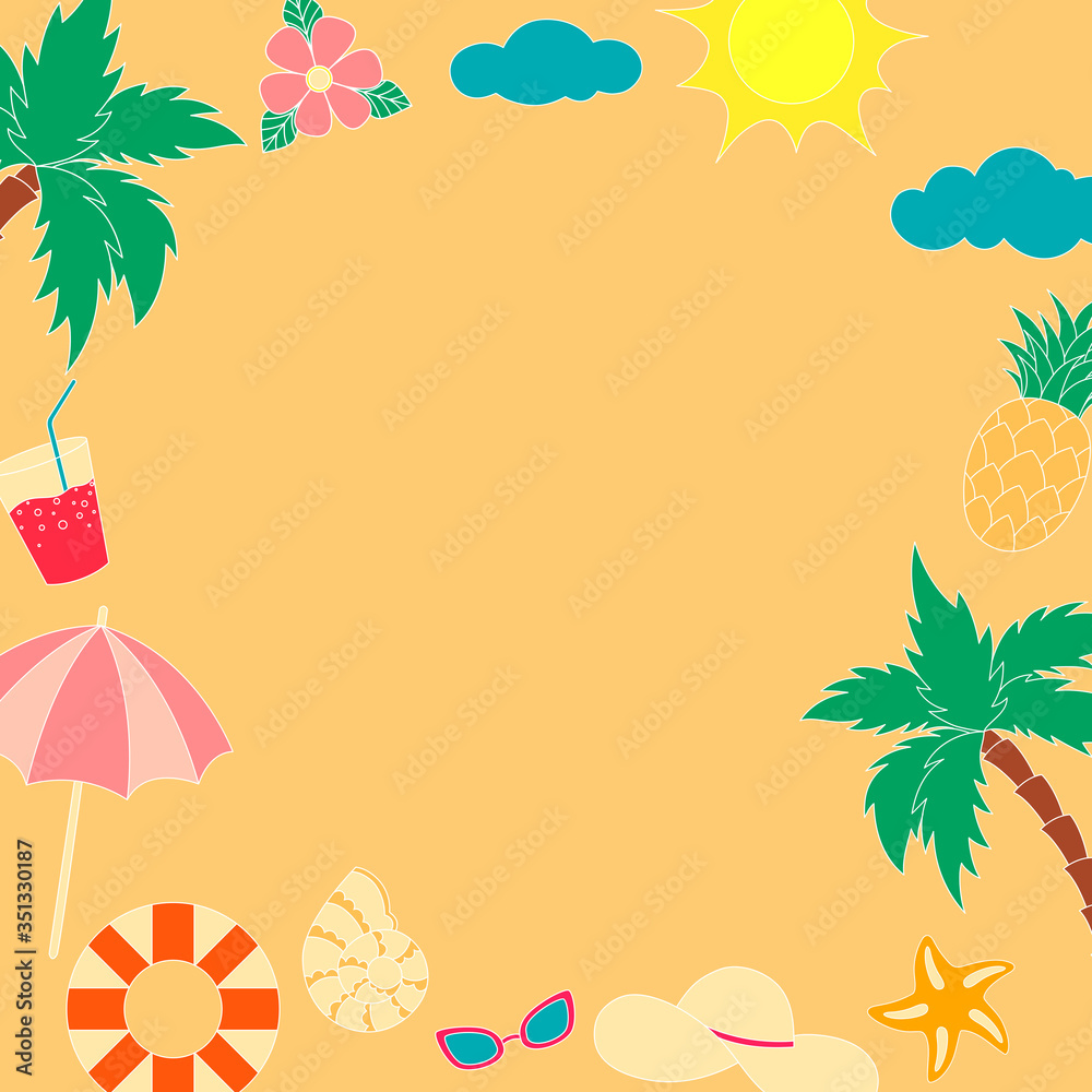 Wall mural set of different color summer objects . summer frame collection. vector illustration