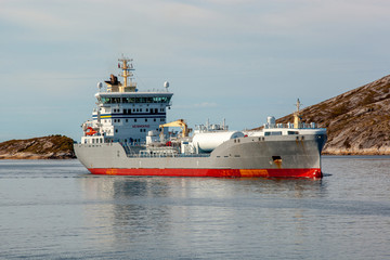 Chemical tanker sailing to port for unloading petrol.