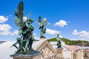 Fototapeta premium Sculptures on Lviv opera house, Ukraine from drone