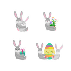 Set of four composition of rabbits. Vector flat isolated illustration with texture. Cartoon stylized cute bunny characters for the feast of Easter. For postcard, banner, poster, etc