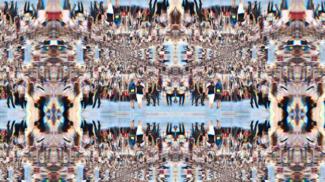 Crowds of People Walking On Street Kaleidoscopic Effect. Abstract scene of many people walking in a city center forming a human Kaleidoscope background.