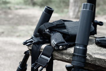 Close-up of weapons for sports and recreation. Military game Laser War