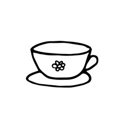 cup with flower and saucer hand drawn element in doodle style. vector scandinavian monochrome minimalism. tea, coffee, kitchen, comfort, cafe, drink, menu, icon