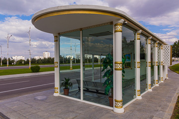 Air conditioned bus stop in modern Ashgabat, Turkmenistan