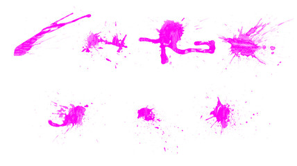 Beautiful set of pink watercolor splash, blot, spilled and stains brushes