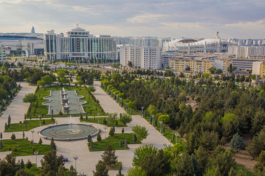 Independence park and new marble-clad buildings in Ashgabat, Turkmenistan