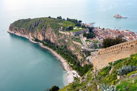 Detail of Acronauplia peninsula and Bourtzi castle viewed from Fortress of Palamidi, Naflplio, Greece