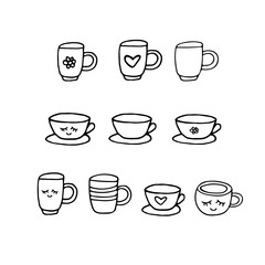cups hand drawn in doodle style. vector scandinavian monochrome minimalism. set of elements for design. menu, kitchen, cafe, coffee, tea, drinks, mugs