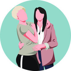 Family portrait of a lesbian couple, with a pregnant lesbian girl on a blue round background. Vector graphics.