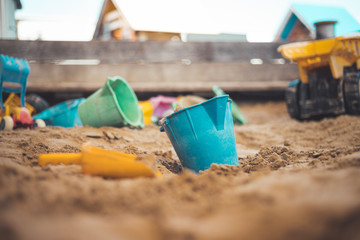 Childhood sandbox concept: Close up of plastic toy bucket - 351335928