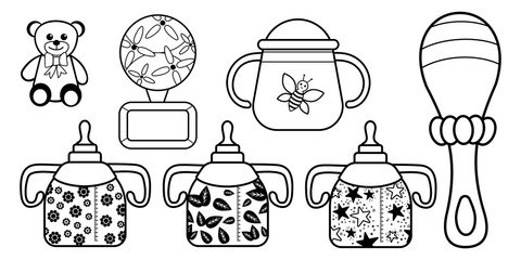 Baby coloring kit. Contour drawing. Bottle, rattle, bear toy. Baby sets. Vector black and white coloring book page.
