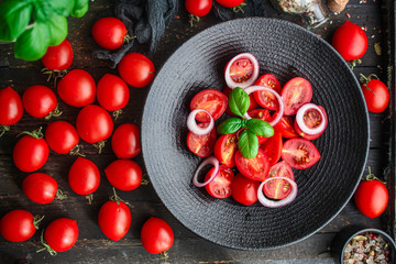 tomato and basil salad Menu concept healthy eating. food background top view copy space for text healthy eating table setting keto or paleo diet organic