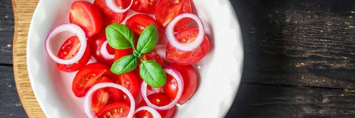 tomato and basil salad Menu concept healthy eating. food background top view copy space for text healthy eating table setting keto or paleo diet organic