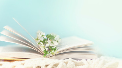 photo open books with a spring flowers nostalgic romantic mood concept