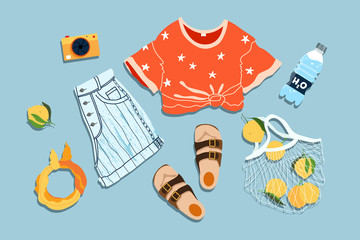 Summer look, flat lay. Trendy summer outfit. Hand-drawn vector illustration. All elements are isolated on a blue background. Denim shorts, teenage crop top, sandals, and lemons in a mesh.