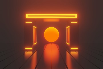 3d render, Futuristic night landscape with abstract landscape and island, moonlight, shine. Dark natural scene with reflection of light in the water, neon blue light. Dark neon circle background.