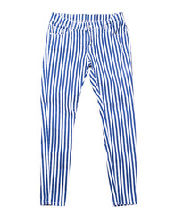 Pants isolated on white, striped pants top view, white pants with blue and stripes, isolation