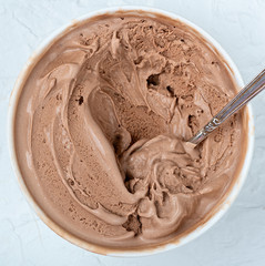  Bowl of chocolate ice cream on white wooden background. From top view..