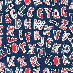 vector cute childish alphabet seamless print on blue background inside. For fabric textile printing material templates