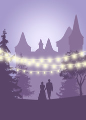 Fototapeta premium wedding invitation. Save the date card lights. Lavender illustration with a couple, castle and magical lights. Thank you card templates. 