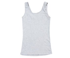 Gray tank top, close up of a blank t shirt on white background, sleeveless T-shirt top view, grey...