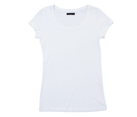 empty white T-shirt isolated on white background. Blank White female tshirt isolated on white. Tshirt template ready for your own graphics.
