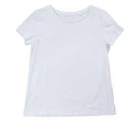 empty white T-shirt isolated on white background. Blank White female tshirt isolated on white. Tshirt template ready for your own graphics.
