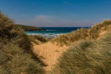 Fototapeta na wymiar A view to the sea through the dunes at Crantock beach, Cornwall