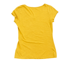 Back view of yellow T-shirt can be used as design template, yellow t shirt isolated mockup top view, empty t-shirt background shirt mockup empty