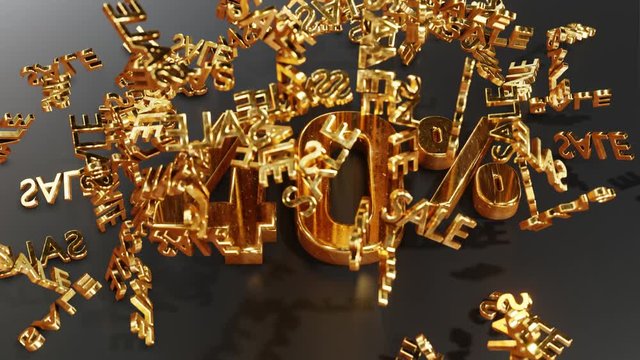 Gold lettering SALE falls and bounces off the lettering 40%, forty percent. Realistic 3D 4K animation.