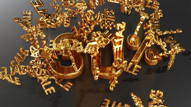 Gold lettering SALE falls and bounces off the lettering 30%, thirty percent. Realistic 3D 4K animation.