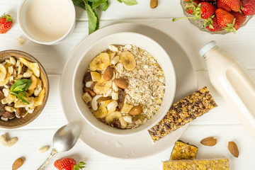 granola with dried fruits and milk, Granola bar, Healthy sweet snack dessert, healthy breakfast