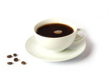 
black coffee with coffee beans on a white background