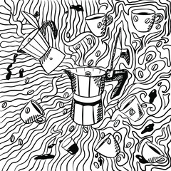 vector coloring page for adults stove-top italian coffee maker surrounded by espresso cups, coffee beans, coffee drops and abstract lines, good for packaging, backgrounds