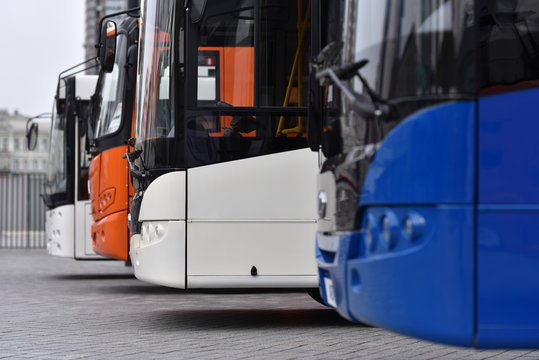 autopark of city buses in selective focus