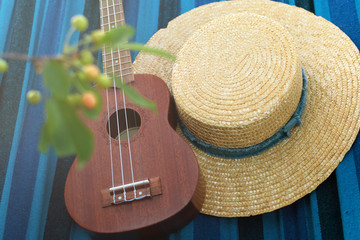 straw hat and ukulele on a hammock