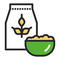 Oatmeal package and bowl of porridge color line icon. Healthy, organic food. Proper nutrition. Isolated vector element. Outline pictogram for web page, mobile app, promo.