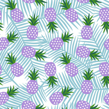 purple pineapple with triangles geometric fruit summer tropical exotic hawaii sweet pattern on a blue palm leaves background seamless vector