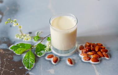 a splash of fresh almond milk in a glass on dark background with white cherry branch