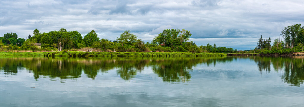 Panorama of a Stormy Morning on the Snohomish River in Springtime near Ferry Baker Island