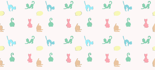 Seamless pattern. colored silhouettes of a cat in different poses. Background