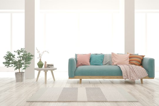 White living room with sofa. Scandinavian interior design. 3D illustration