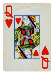 Queen of Hearts Vintage playing card isolated on white (clipping path included)