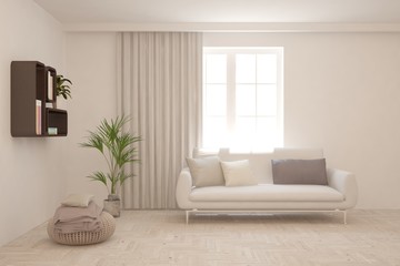 White living room with sofa. Scandinavian interior design. 3D illustration