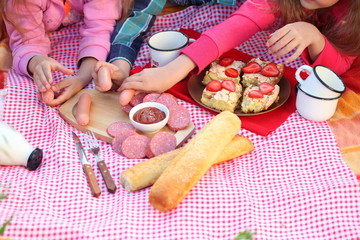 Children eat sausages in the park. Picnic