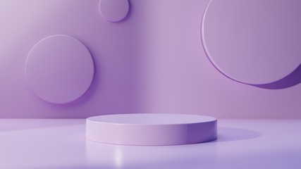 Minimalist pink geometric pedestal for product showcase. Abstract pink background. Empty mock up template. Cylinder shape. Blank stage. 3d render illustration