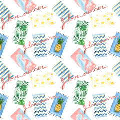 Summer seamless pattern, swatch. Beach towel background.  Summer seamless texture. Watercolor illustration. I love summer pattern. Hand painted illustration.