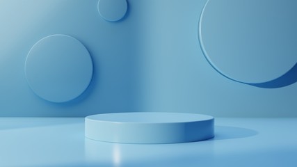 Minimalist blue geometric pedestal for product showcase. Abstract blue background. Empty mock up template. Cylinder shape. Blank stage. 3d render illustration